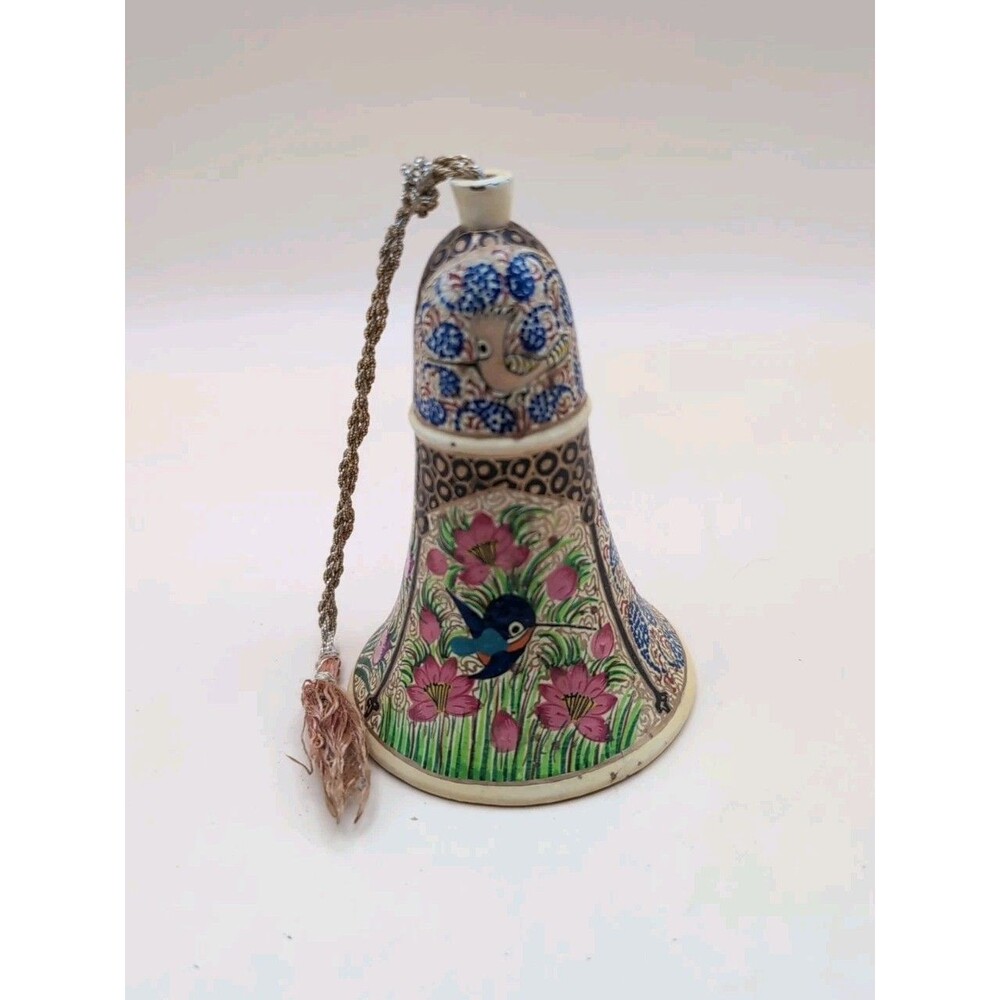 Vintage Hand Painted ColorfulWooden Hanging Bell Hummingbird Floral India Decor